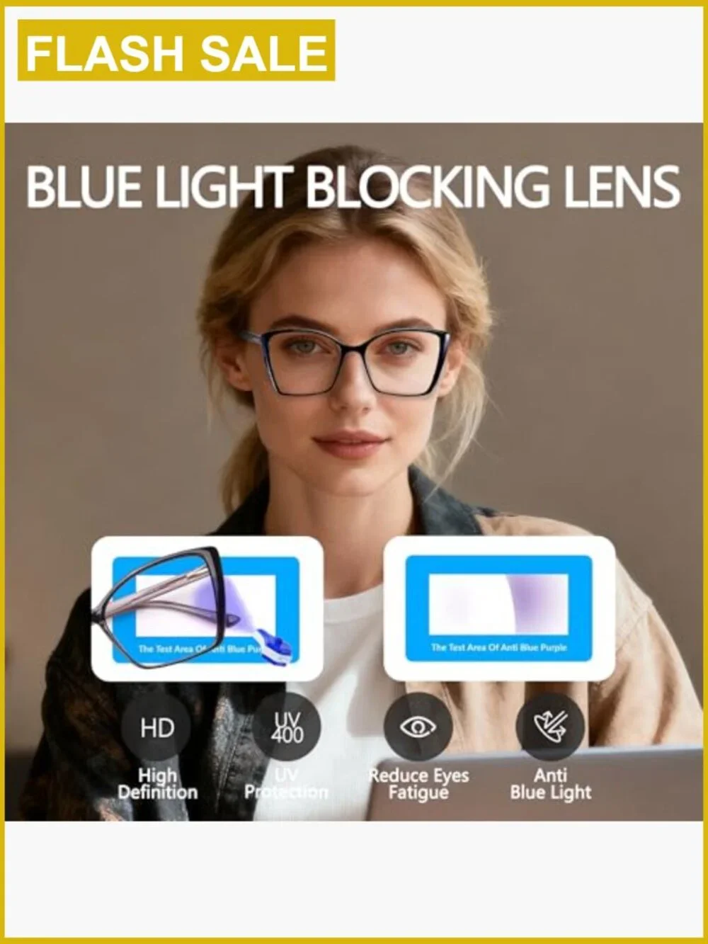 Oversized Cat Eye Computer Glasses Anti Glare UV Protection Lightweight TR90